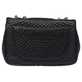 Bally-BALLY Quilted Chain Shoulder Bag Leather Black Auth kk268-Black