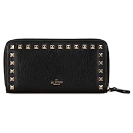 Valentino-Black Valentino Rockstud Zip Around Leather Long Wallet-Black