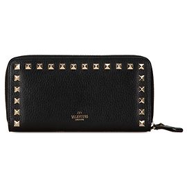 Cartera larga de cuero negro Valentino Rockstud con cremallera Negro