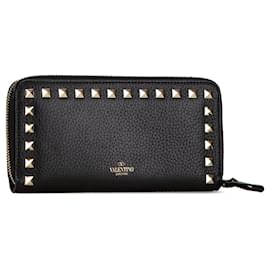 Valentino-Black Valentino Rockstud Zip Around Leather Long Wallet-Black