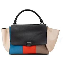 Céline-Black Celine Medium Wool and Calfskin Colorblock Trapeze Satchel-Black