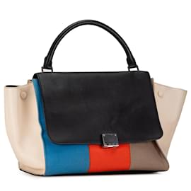 Céline-Black Celine Medium Wool and Calfskin Colorblock Trapeze Satchel-Black