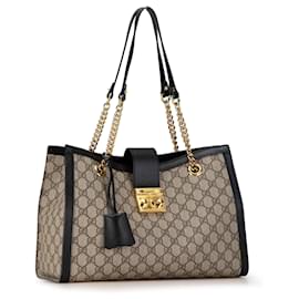 Gucci-Brown Gucci Medium GG Supreme Padlock Tote-Brown