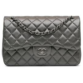 Chanel-Silver Chanel Jumbo Classic Perforated Lambskin Double Flap Shoulder Bag-Silvery