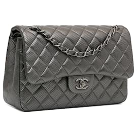 Chanel-Silver Chanel Jumbo Classic Perforated Lambskin Double Flap Shoulder Bag-Silvery