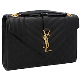 Saint Laurent-Saint Laurent Envelope Medium In Quilted Grain De Poudre Embossed Leather Black-Black