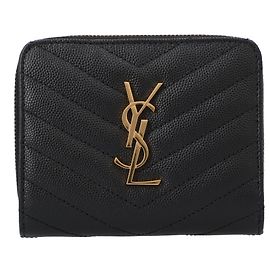 Saint Laurent Cassandre Matelassé Compact Zip Around Wallet In Grain De Poudre Leather Black Black