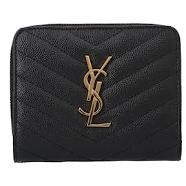 Saint Laurent-Saint Laurent Cassandre Matelassé Compact Zip Around Wallet In Grain De Poudre Leather Black-Black