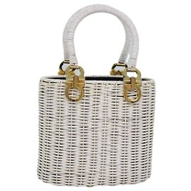 Sac à main en paille blanche Gancini de Salvatore Ferragamo Auth am6527 Blanc