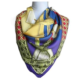 Hermès-Hermès Silk Scarf Original Vintage 90x90 Silk Cloth "Feux de Route"-Red,Blue,Yellow