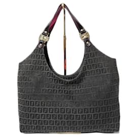 Fendi-FENDI Black/Magenta Zucchino Canvas Grand Shopper Tote-Brown,Black