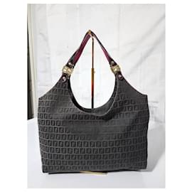 Fendi-FENDI Black/Magenta Zucchino Canvas Grand Shopper Tote-Brown,Black