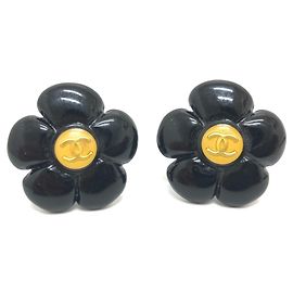 Chanel 96P Coco Mark Flower Black Clip Earrings Black Golden