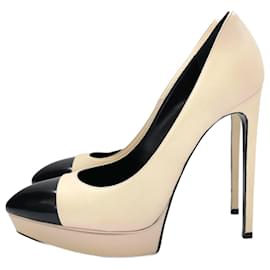 Saint Laurent-Saint Laurent Janis Beige & Black Toe Cap Platform Pumps Heels.-Beige