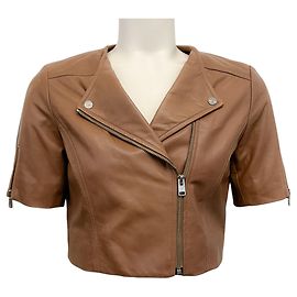 Autre Marque Jaqueta moto cropped de couro tan Lamarque com mangas curtas Marrom