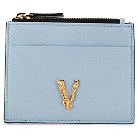 Blue Versace Leather Virtus Logo Card Holder Blue
