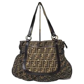 Fendi-Fendi Chef Studded Zucca Canvas Large Tote Bag Brown/Beige-Brown,Beige