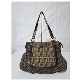Fendi-Fendi Chef Studded Zucca Canvas Large Tote Bag Brown/Beige-Brown,Beige