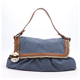 Bolsa de ombro chef em denim e couro Fendi em azul/tan 8BR436 Azul