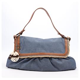 Fendi-Fendi Denim and Leather Chef Shoulder Bag in Blue/Tan 8BR436-Blue