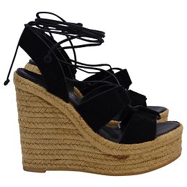 Sandali con zeppa e cinturini in suede nero Saint Laurent Nero