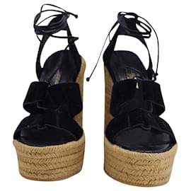 Saint Laurent-Saint Laurent Espadrille Strappy Wedge Sandals in Black Suede-Black