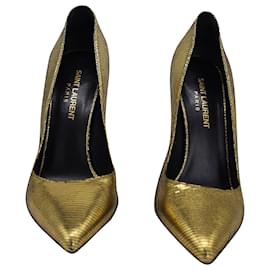 Saint Laurent-Saint Laurent Zoe Pumps in Gold Lizard-Embossed Leather-Golden,Metallic