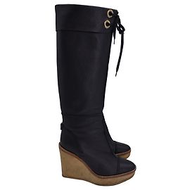 YSL Yves Saint Laurent Hight Heel Wedge Boots in Black Leather Black