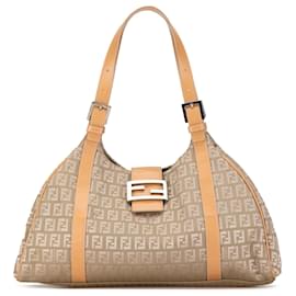 Fendi-Fendi Brown Zucchino Canvas Shoulder Bag-Brown,Beige