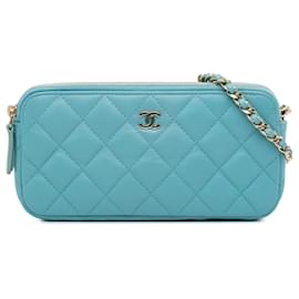 Chanel-Portefeuille sur chaîne à double zip en cuir d'agneau Chanel Blue CC-Bleu,Bleu clair