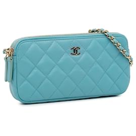 Chanel-Portefeuille sur chaîne à double zip en cuir d'agneau Chanel Blue CC-Bleu,Bleu clair