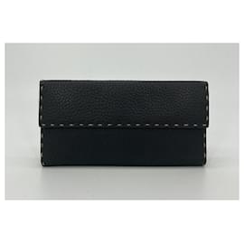 Fendi-Portefeuille continental en cuir Selleria marron foncé Fendi-Marron