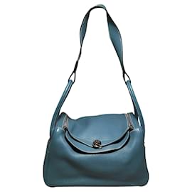 Hermès-Sac Lindy en cuir Clemence Blue Jean d'Hermès-Bleu