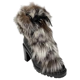 Christian Louboutin-Christian Louboutin Black Fur Trimmed Lace-Up Leather Boots-Black