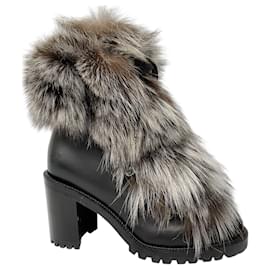 Christian Louboutin-Christian Louboutin Black Fur Trimmed Lace-Up Leather Boots-Black