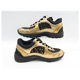 Chanel-NINE CHANEL G34360 TENNIS TRAINER CC TWEED 36.5 SHOES-Golden