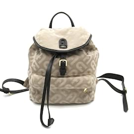 Furla-Sac à dos en toile et cuir beige et noir Furla-Noir,Beige