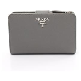 Prada-Prada Bi-Fold Geldbörse aus grauem Saffiano-Leder-Braun