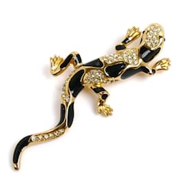 Christian Dior-Broche lézard en strass plaqué or Christian Dior-Noir,Doré