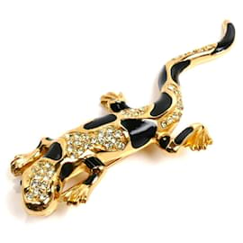 Christian Dior-Christian Dior Gold Plated Rhinestone Lizard Brooch-Black,Golden