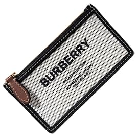 Burberry-Portafoglio in tela grigia e pelle Burberry-Marrone