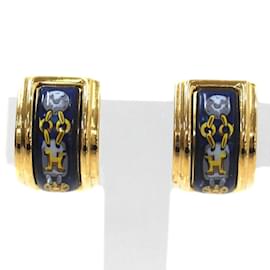 Hermès-Boucles d'oreilles clips en émail or jaune et marine Hermes-Doré,Bleu Marine