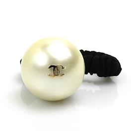 Chanel-Chanel Hair Tie with Faux Pearl and Metal-Black,Eggshell