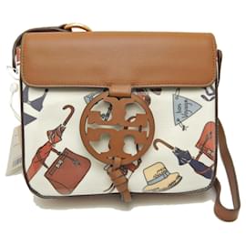 Tory Burch-Sac à épaule en cuir et vinyle Tory Burch Robinson-Marron,Blanc