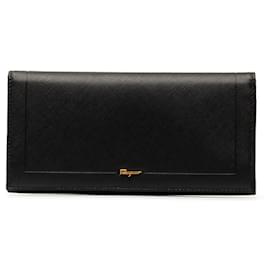 Salvatore Ferragamo-Portefeuille long en cuir noir Salvatore Ferragamo-Noir