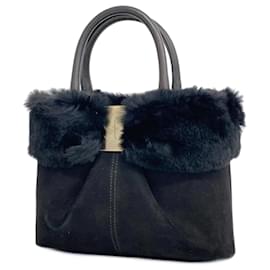 Salvatore Ferragamo-Salvatore Ferragamo Vara Suede Fur Handbag-Black