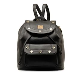 MCM-MCM Studded Black Leather Backpack-Black