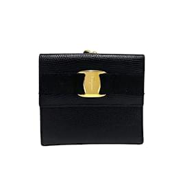 Salvatore Ferragamo-Portefeuille pliant en cuir noir Salvatore Ferragamo-Noir