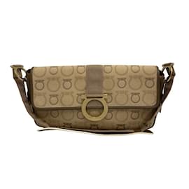 Salvatore Ferragamo-Salvatore Ferragamo Gancini Canvas Leather Shoulder Bag-Beige