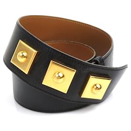 Hermès-Hermes Leather and Metal Belt-Black,Golden